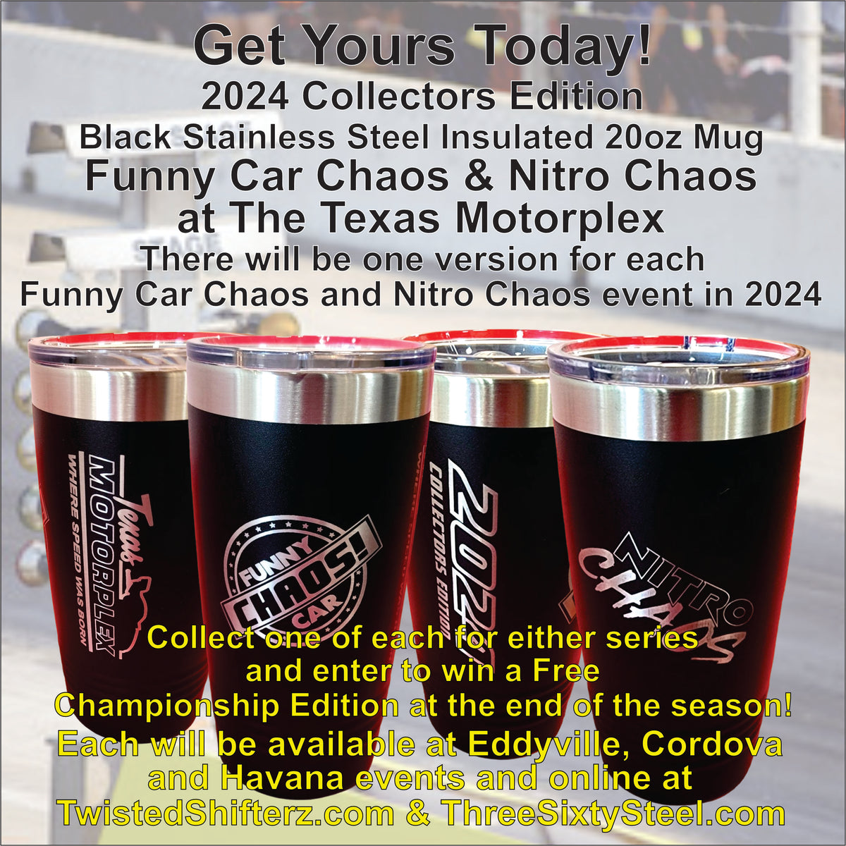 Funny Car Chaos Nitro Chaos 2024 Texas Motorplex Collector Edition Black Stainless Insulated 20 oz Cup