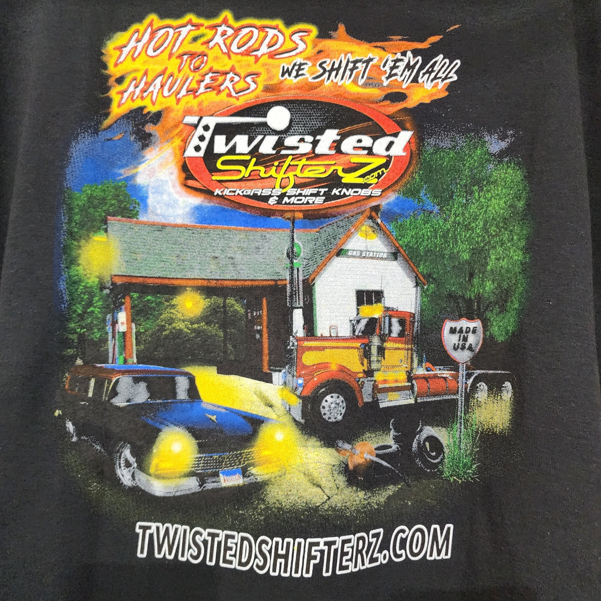 image of Twisted Shifterz Long Sleeve Shirts Vintage Gas Station Scene with the W900 and 57 Ford Wagoon